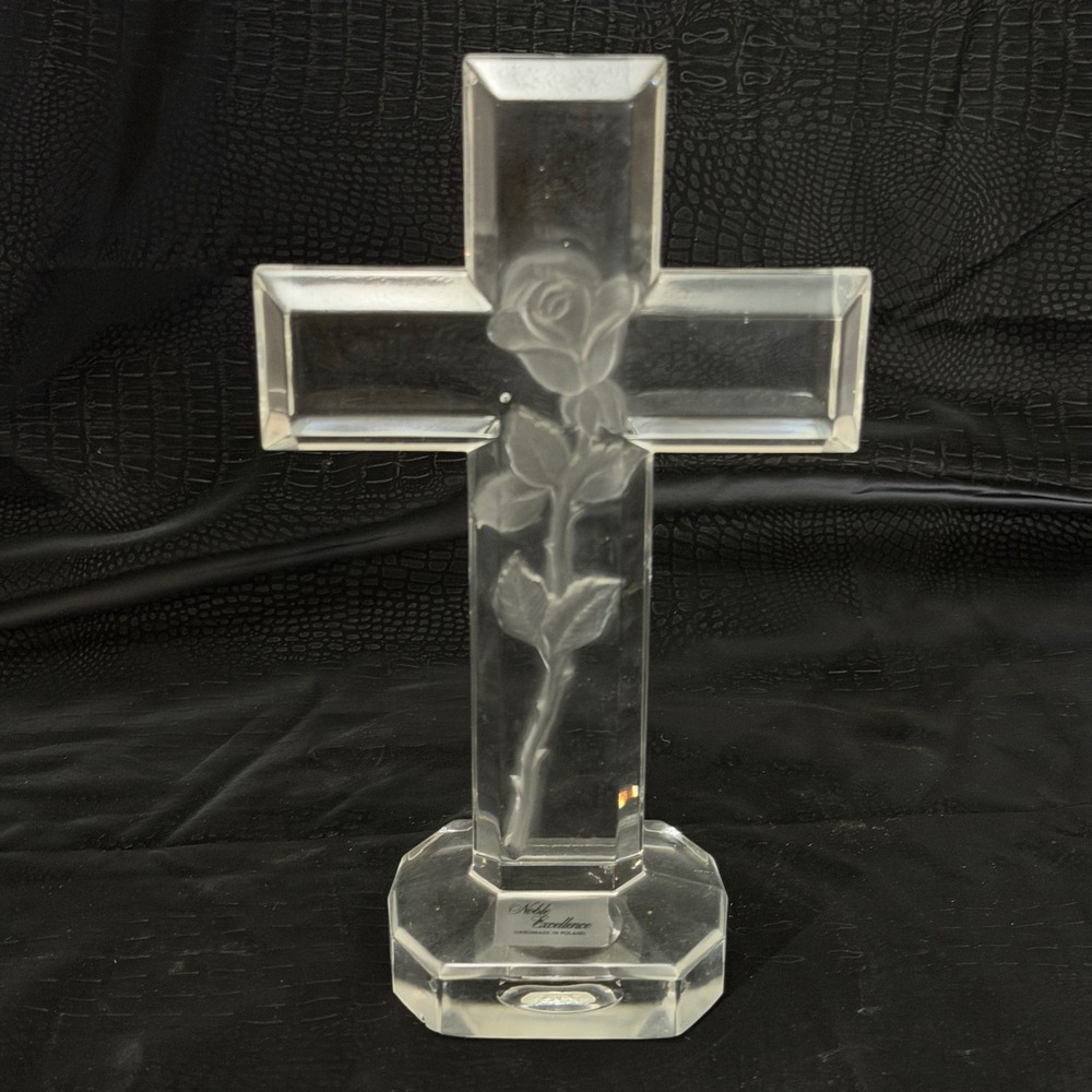 Noble Excellence Crystal Cross‎ Rose Poland Religious Glass Lead Christian 8"